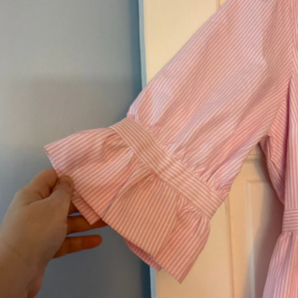 Gretchen Scott Pink Stripe Teardrop Dress Ruffle Tiered Preppy Coastal Small